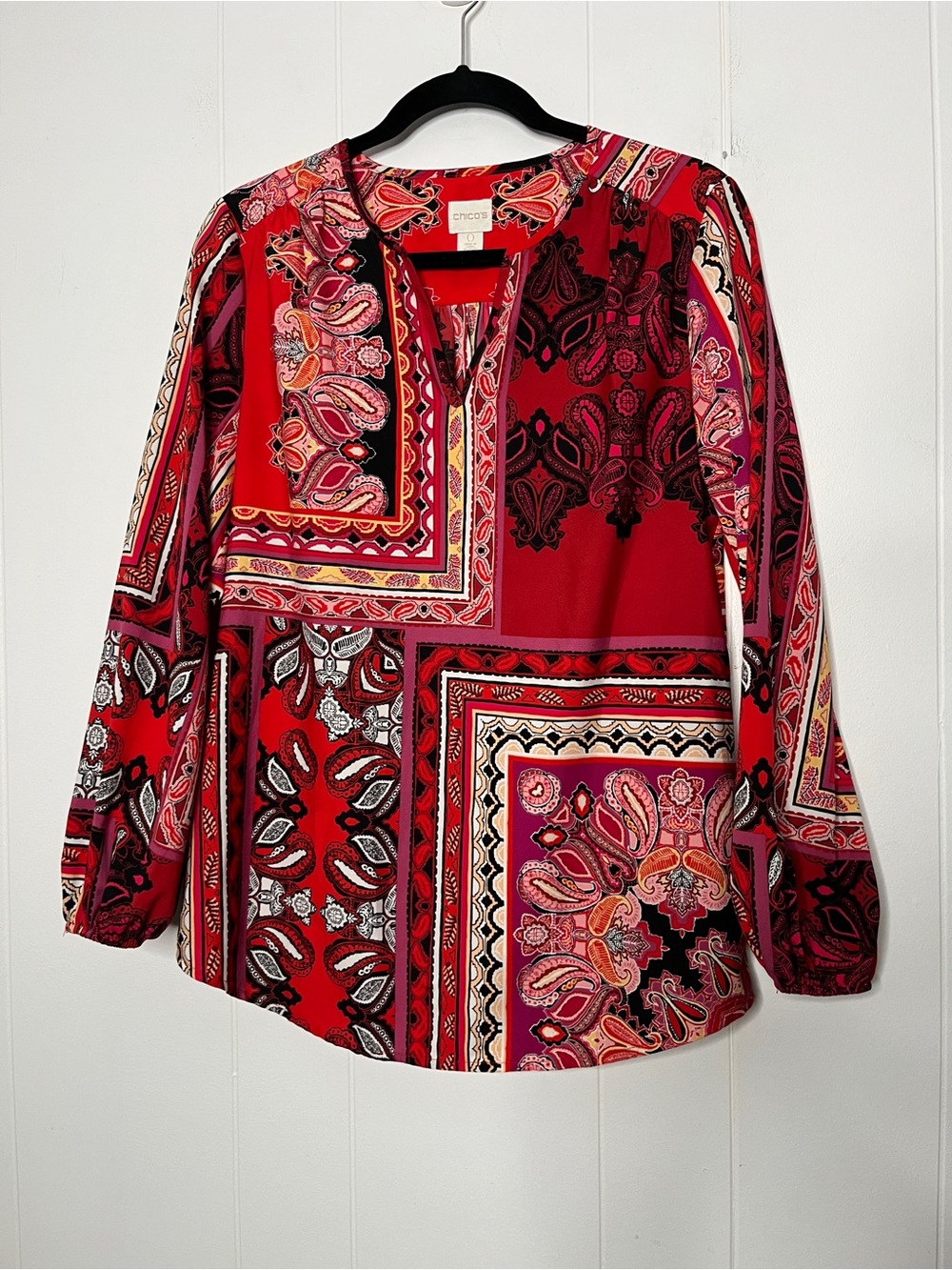Chico's Red Paisley Print Patchwork Long-Sleeve Blouse size 0 (S)